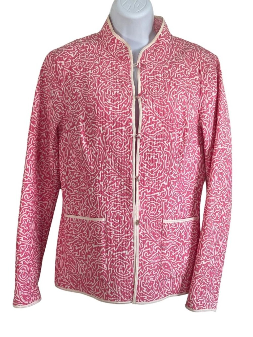 J. McLaughlin Silk Blend Reversible Quilted Tang Jacket Sz S Pink White Paisley